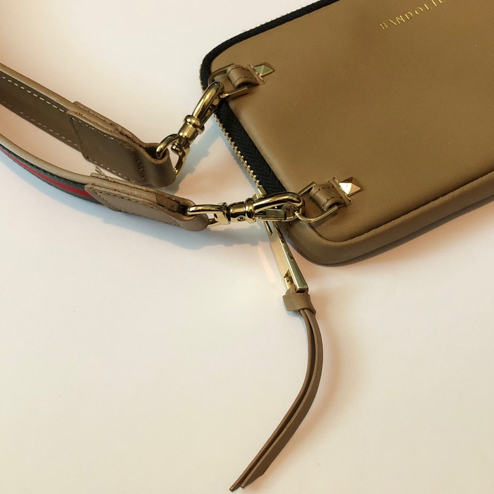 Bandolier tan mini crossbody bag/red & green strap - Picture 3 of 6